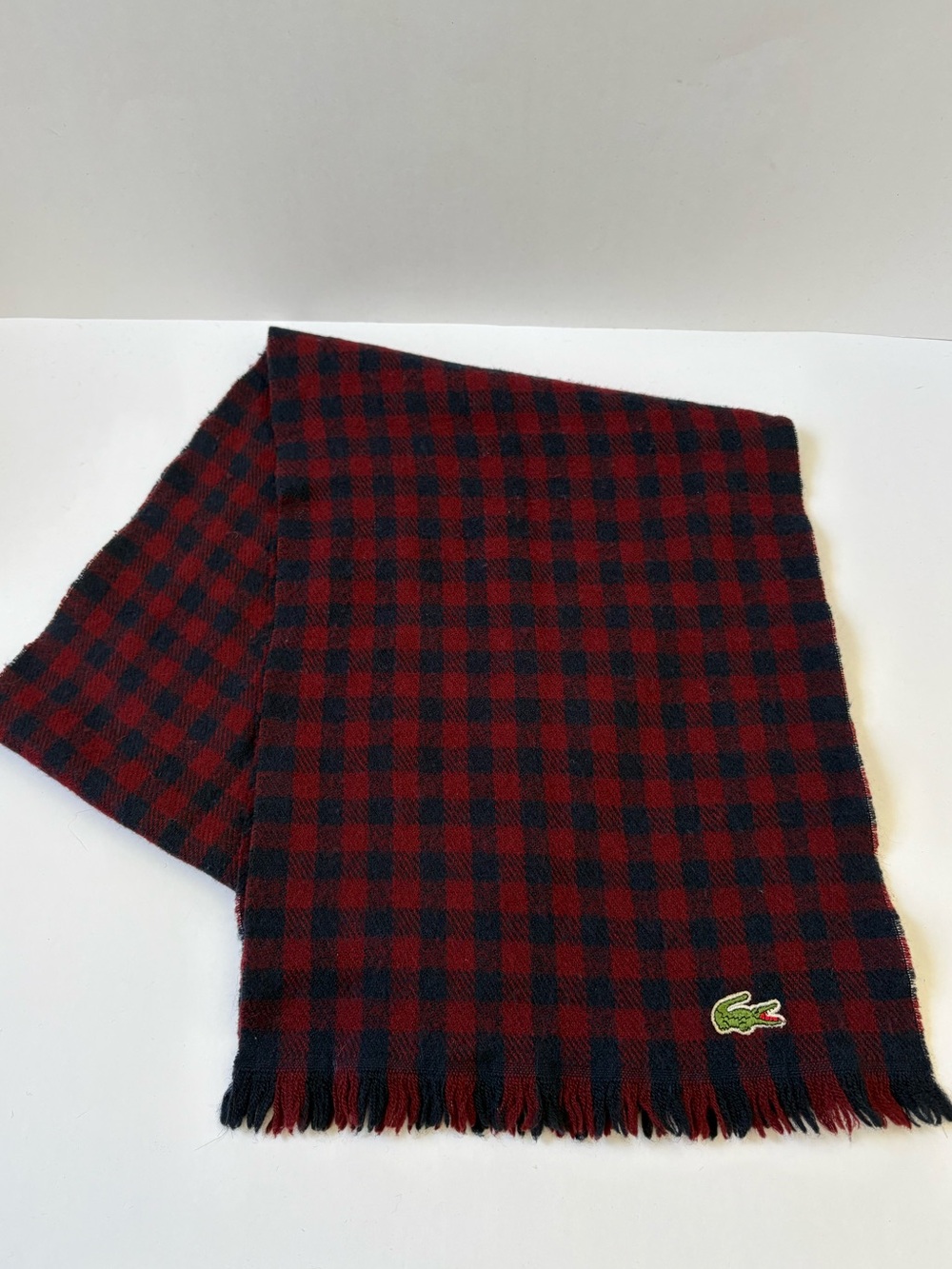 VNTG Lacoste Red Navy Blue Plaid Wool Scarf Embroidery Croc Logo Fringe Academia